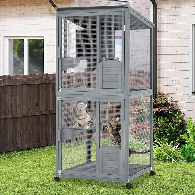 Cat Patio Enclosure, 69" Large Indoor Outdoor Catio Cage with Waterproof Roof, Lockable Wheels, Resting Cabin & Platforms for Multi-Cat Families, Weatherproof Catios