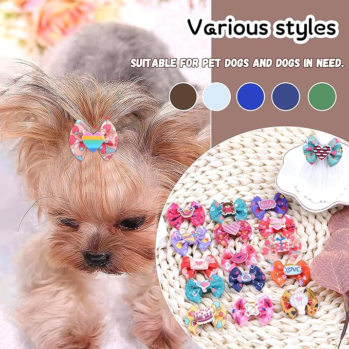 40PCS Christmas Dog Bows Cute Puppy Dog Small Bowknot Hair Bows with Rubber Bands Small Hairs Bowknot Pet Hair Accessories Pet Grooming Accessories for Party (Mixcolors)