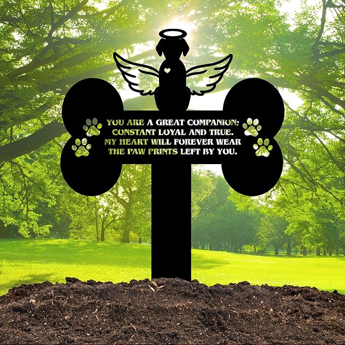 Dog Grave Marker Angel Cross – Pet Remembrance Gift for Loss of Dog, Weatherproof Metal Headstone for Yard, Garden or Indoor Memorial, 12in Sympathy Tribute Sign