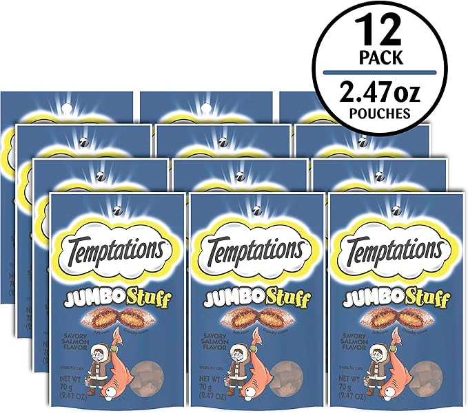 Temptations Jumbo Stuffed Cat Treats, Crunchy and Soft Cat Treats, Savory Salmon Flavor, 2.5 oz. Pouch (Pack of 12)