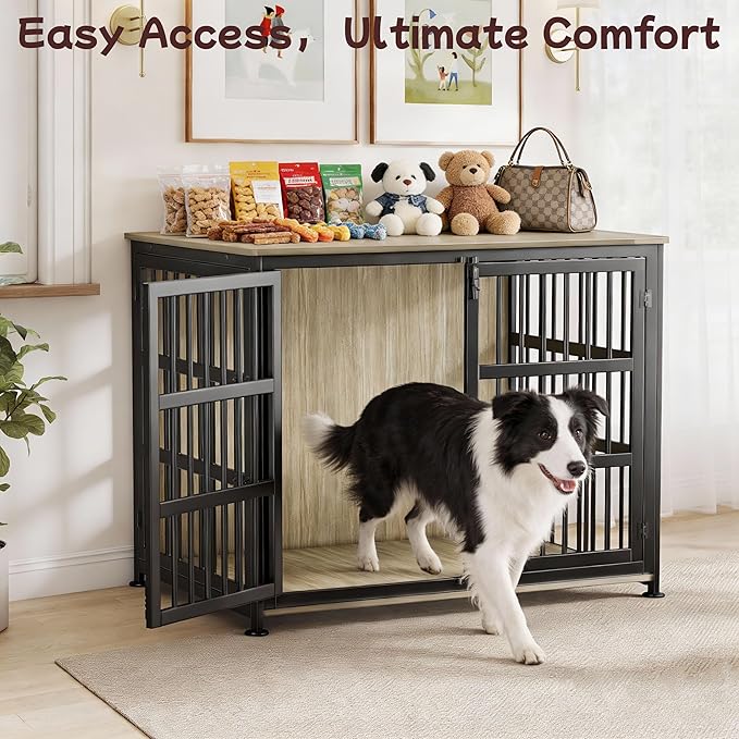 42'' Dog Crate Furniture Large Breed Dog Crate Dog Kennels for Inside Wooden Dog Crates End Table Heavy Duty Indoor Combination Cage for Medium to Large Dogs Maple