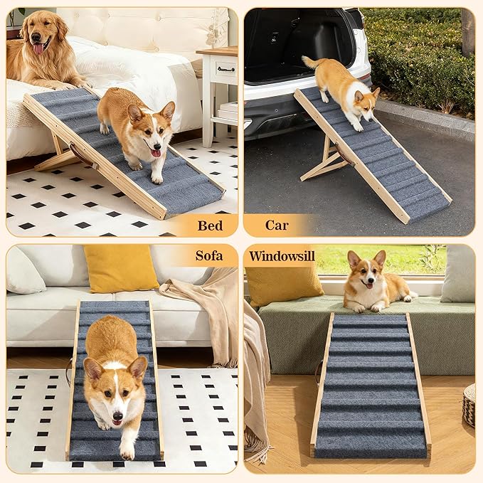Dog Ramp for Bed, 51.2" Long Wooden Pet Ramp for Small & Large Dogs, 5 Adjustable Heights 14.2" to 28" with Anti-Slip Carpet & Carrying Handle Holds, Portable Dog ramps for Car, Bed, Couch, Outdoor