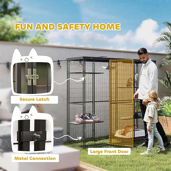 PawHut 4-Level 69" Large Catio Outdoor Indoor Weld Wire, Cat Enclosure with Waterproof Cover, 4 Jumping Platforms, Hammock, Cat Shelter for 1-3 Kittens, 69" x 22" x 62", Black
