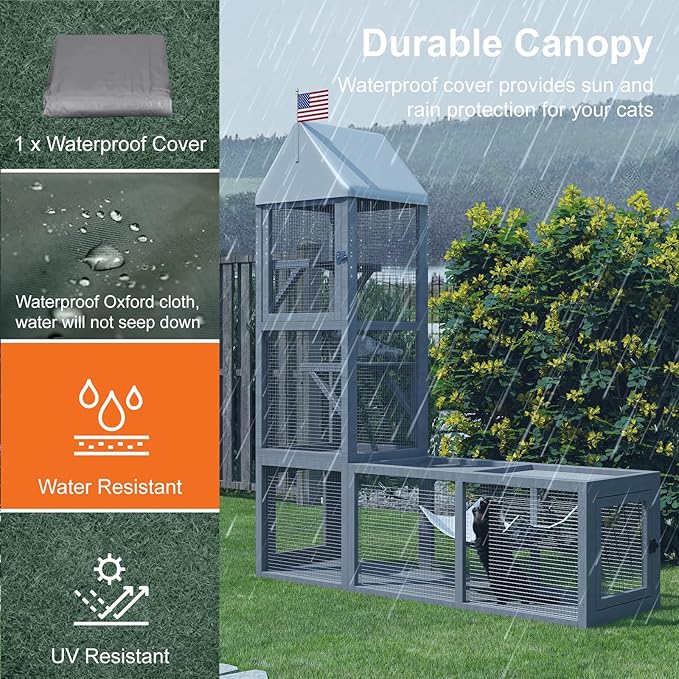 Cat Catio with Tunnel, 4 in 1 Outdoor Cat Enclosure Include 2 Catio and 2 Tunnel, Cats Enclosure with Kitten Hammock and Waterproof Cover, Indoor Outdoor Cats Cage Playground with 2 Door