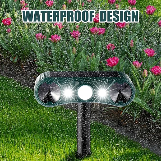 Qualirey 2 Pcs Solar Nocturnal Ultrasonic Light Animal Repeller Outdoor Deterrent with Pir Sensor Waterproof Deterrent Deer Repellent Devices to Repel Cat, Dog, Rabbit, Raccoon, Fox for Yard Garden