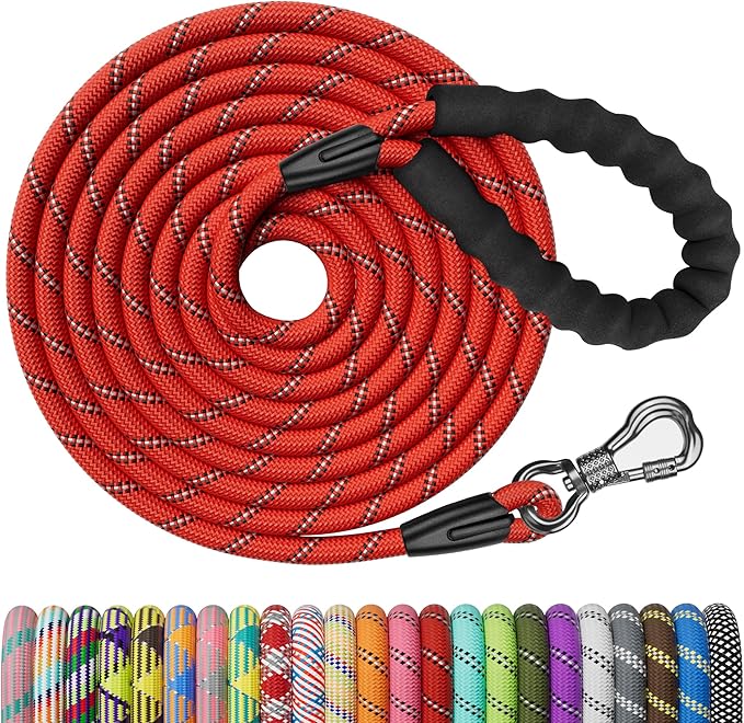 NTR Long Dog Leash, 20FT Reflective Leash with Swivel Lockable Hook and Comfortable Padded Handle, Puppy for Walking, Hunting, Camping, Backyard Small Medium Large Dogs, Red, 20ft*1/3/''