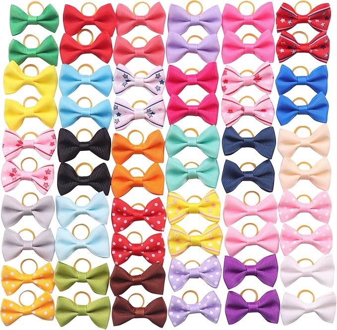 YAKA 60PCS (30 Paris) Cute Puppy Dog Small Bowknot Hair Bows with Rubber Bands Handmade Hair Accessories Bow Pet Grooming Products(Mix Colors)
