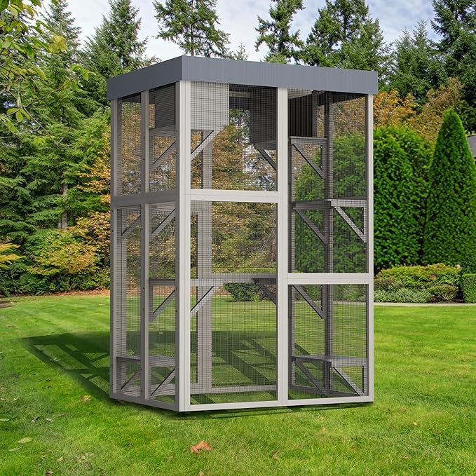 70.5" H Catio Outdoor Cat Enclosure,Cat House with Waterproof Roof and Large Enter Door,Wooden Shelter W/ 6 Jumping Platforms & 2 Napping Houses,Cats Cage for Walk in Kitten Kennel,Gray