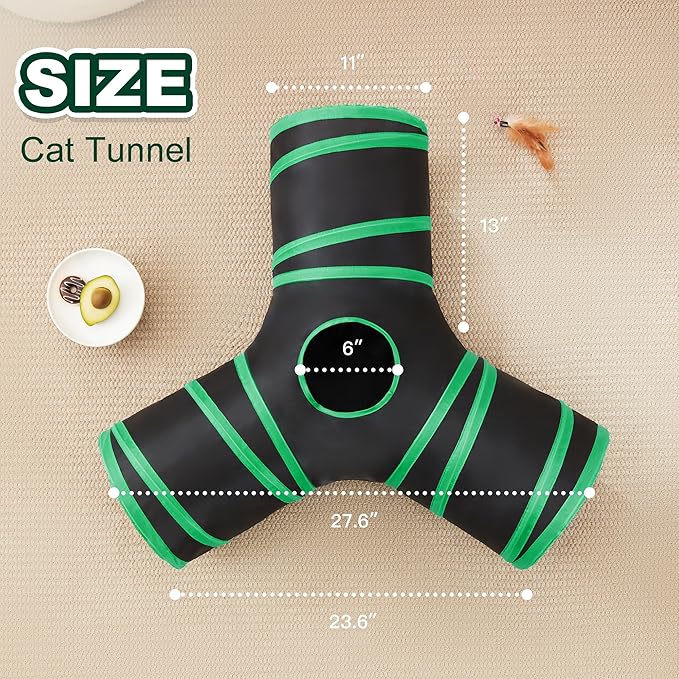 Love’s Cabin Cat Tunnel for Indoor Cats, 3-Way Collapsible Play Tunnel with Teaser Wand, Peek Holes & Toy Ball, Small Pet Toy for Kittens & Rabbits, Black & Green, Small Size