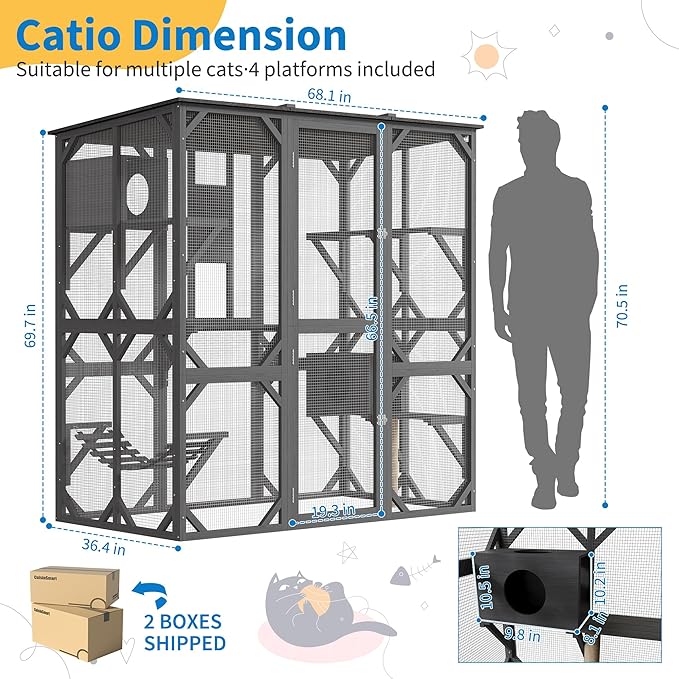 Large Walk-in Window Catio Outdoor, 70'' Wooden Cat Enclosure for Mulitiple Cats with Waterproof Roof, Feral Cat Shelter with Platforms, Hammock, Scratching Post and Resting Box Grey