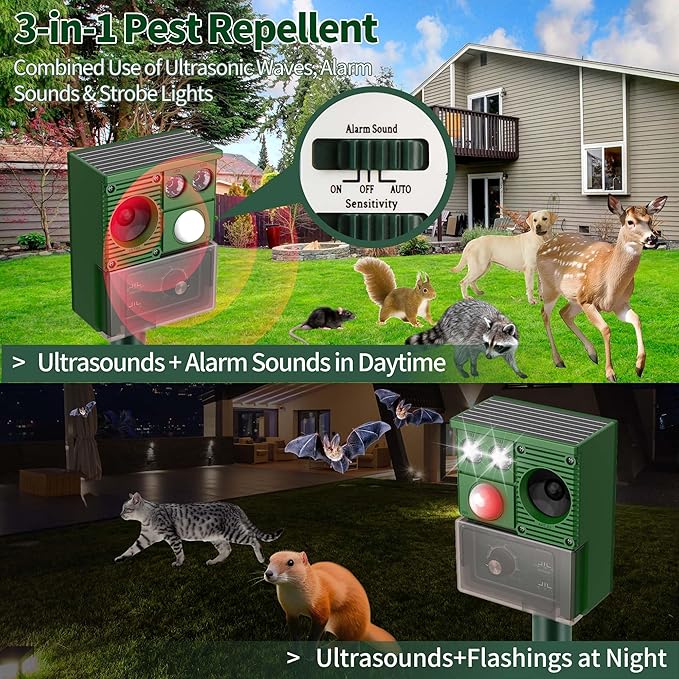Solar Animal Repellent, 3-in-1 Squirrel Repellent Cat Deer Raccoon Rodent Repellent Ultrasonic Outdoor, Pest Repeller with Motion Activated for Yard Lawn Attic, Dog Skunk Bird Deterrent