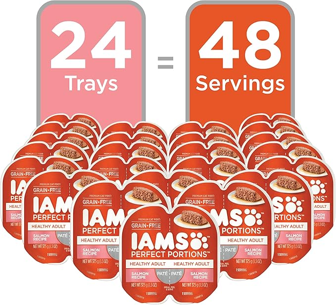 IAMS Perfect Portions Healthy Adult Grain Free Wet Cat Food Pate,Salmon Recipe,2.6 oz. Easy Peel Twin-Pack Trays (,48 Servings),24 Count (Pack of 2)