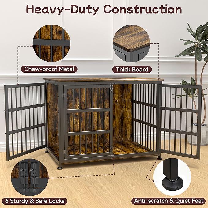 42'' Dog Crate Furniture Large Breed Dog Crate Dog Kennels for Inside Wooden Dog Crates End Table Heavy Duty Indoor Combination Cage for Medium to Large Dogs Walnut