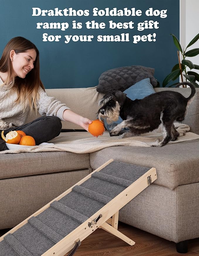 Dog Ramp Dog Stairs for Small Dogs Foldable Dog Ramp with 4 Adjustable Heights from 7.48'' to 15.35" Wood Pet Ramp with Non Slip Carpet Portable Puppy Ramp for Couch, Sofa, Low Bed