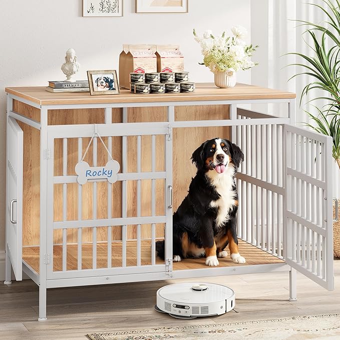 Extra Large Dog Crate Furniture, Heavy Duty Dog Kennel for Small Medium Large Dogs, Double Doors Indoor Decor Pet House Cage, Anti Escape Wooden Dog Cage with Name Tag End Table, TV Stand, Beige
