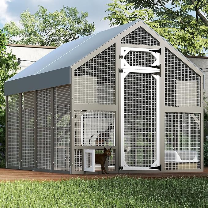 PetsCosset Large Cat Catio for Multiple Cats Outdoor Cat Patio Enclosures Wooden Walk in Cats House Outside Shelter Kitty Kennel Weatherproof Roof,Attached to House's Window Cat's Door and Tunnel