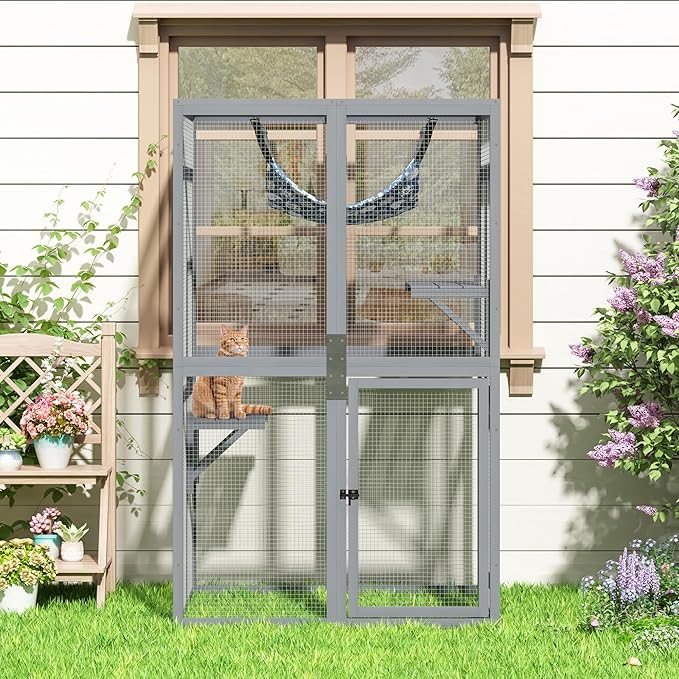 Catio Outdoor Cat Enclosure - Premium Wooden Cat Catio with Window Access & Breathable Mesh, Weatherproof Kitty House for Patio/Backyard/Indoor (Gray)