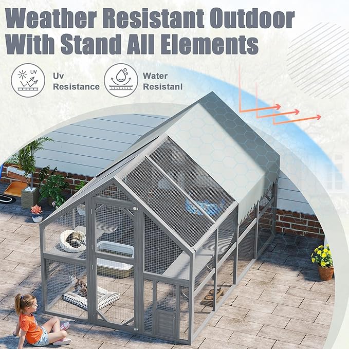 KEIKI 110" Large Outdoor Cat Enclosure for Multiple Cats, Weatherproof Wooden Catio with 7 Platforms, 2 Resting Boxes, 2 Bridges & Canopy, Secure Outdoor Cat House, Gray