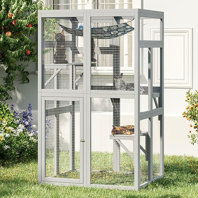 64 Inch Catio Outdoor Cat Enclosure, Large Cat House for Outdoor Cats with Updated Framework Structure, Outside Cat Patio Cattery Weatherproof for Multiple Cats, Grey