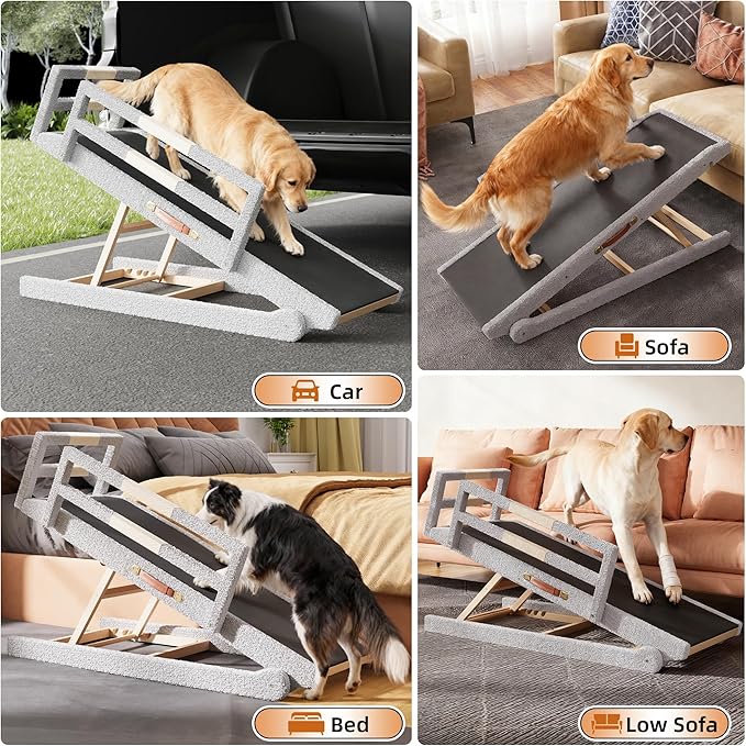 Dog Ramp for High Bed – 55" Extra-Long Wooden Pet Ramp with Soft Plush Fabric Cover & Safety Rails 16”–28”Adjustable Height for Tall Beds, Non-Slip Wide 17.7" Surface – Supports Large Dogs up