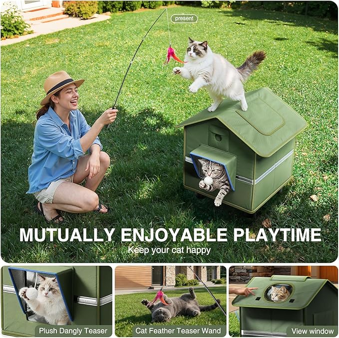 Outdoor Cat House for Outside with Camera Cat-Attracting Eave Design and Cat Toys Feral Stray Shelter Weatherproof in Garage Yard Porch (Include Camera)