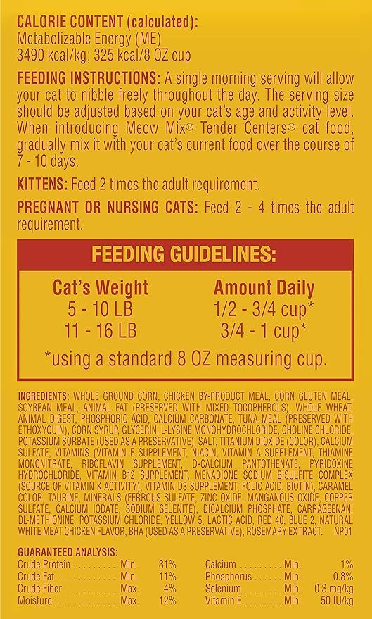 Meow Mix Tender Centers Basted Bites Dry Cat Food,Chicken & Tuna Flavor,3 Pound,Crunchy Outside Meaty Inside,(Pack of 8)