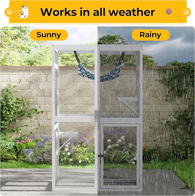 COZIWOW Upgraded Outdoor Cat Catio with Window Access & Jumping Platforms, Weatherproof Wooden Cat Enclosure for Patio/Garden/Backyard (White, 2 Platforms + Hammock, Supports 44lbs)