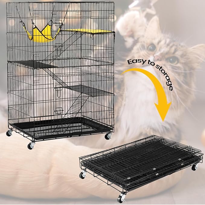 Yaheetech 49'' Collapsible Cat Cage 4-Tier Metal Cat Kennel Ferret Enclosure Chinchilla Cage with Rotating Casters/Ramp/Ladders/Hammock for Indoor Kitten