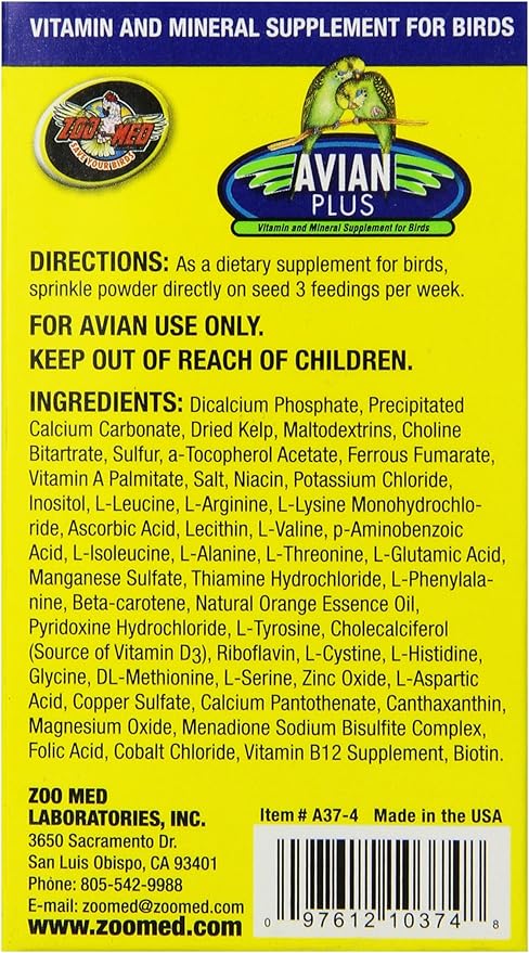 Zoo Med Laboratories Bzma374 Avian Plus Bird Vitamins, 4 oz (976610)