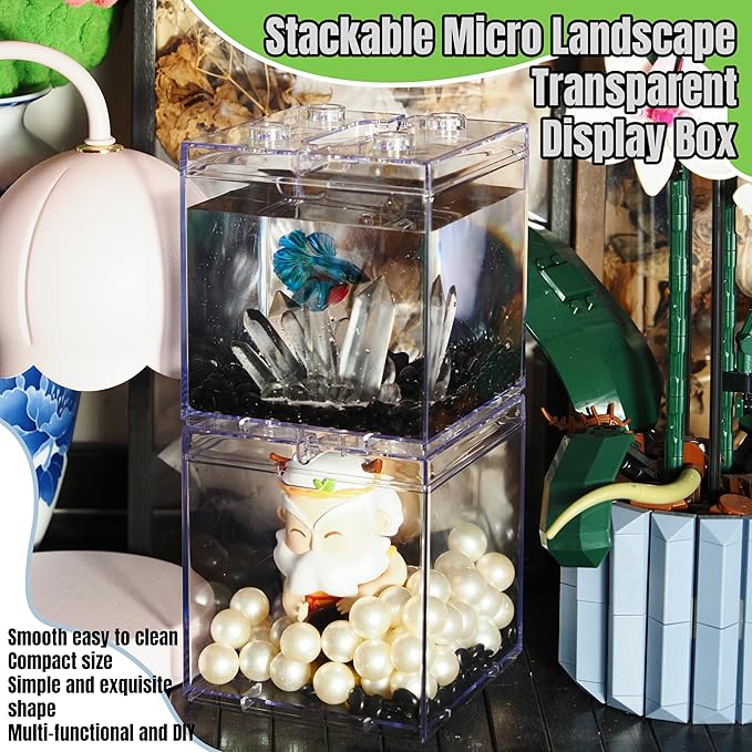 Mini Betta Fish Tank, Stackable Small Fish Bowl for Desktop Decoration, 0.2 Gallon 360° Rotatable Tiny Aquarium Kit with Gravels & Resin Crystal Cluster for Sea Monkey, Shrimp