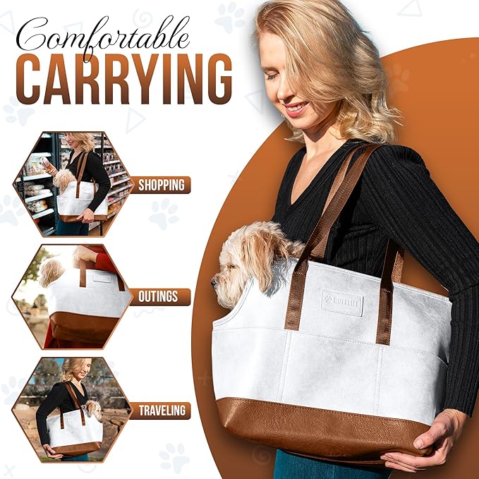 Faux Leather Dog Carrier for Small Dogs, Water-Resistant Designer Dog Purse with Safety Harness, Fashion Pet Carrier for Dogs 5-15 lbs, Luxury Dog Shoulder Carrier, White