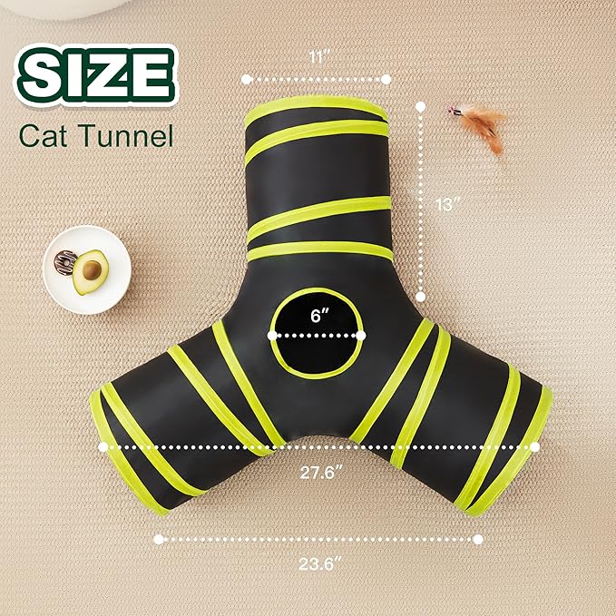Love’s Cabin Cat Tunnel for Indoor Cats, 3-Way Collapsible Play Tunnel with Teaser Wand, Peek Holes & Toy Ball, Small Pet Toy for Kittens & Rabbits, Black & Yellow, Small Size