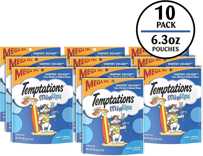 Temptations Cat Treats MixUps Surfer's Delight, Tuna, Shrimp, Salmon Flavor, Crunchy and Soft Cat Treats, 6.3 oz. Pouch (Pack of 10)
