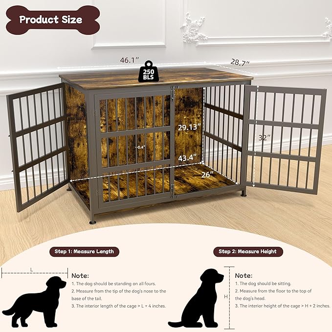 46'' Dog Crate Furniture Large Breed Dog Crate Dog Kennels for Inside Wooden Dog Crates End Table Heavy Duty Indoor Combination Cage for Medium to Large Dogs Walnut