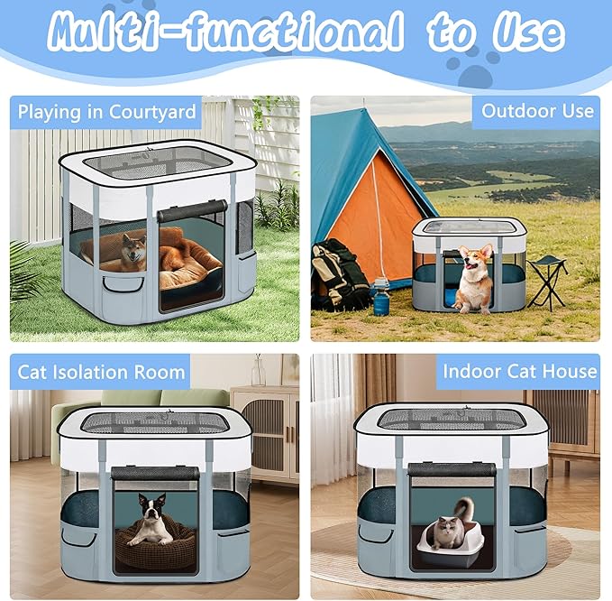 Portable Cat Playpen with Separate Areas, 2-in-1 Puppy Playpen & Cats Cage, Foldable Pet Tent for Indoor and Outdoor Use, Collapsible Tent Kennel Cage House(35.4"x27.6"x27.6", White & Grey)