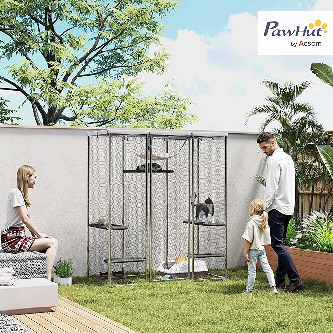 PawHut Large Catio Outdoor Cat Enclosure, Galvanized Steel Walk-in Cat Patio for Multiple Kittens, Outdoor Kitty Cage with Waterproof Cover, 5 Adjustable Platforms, Hammock, Chicken Coop Flat Roof