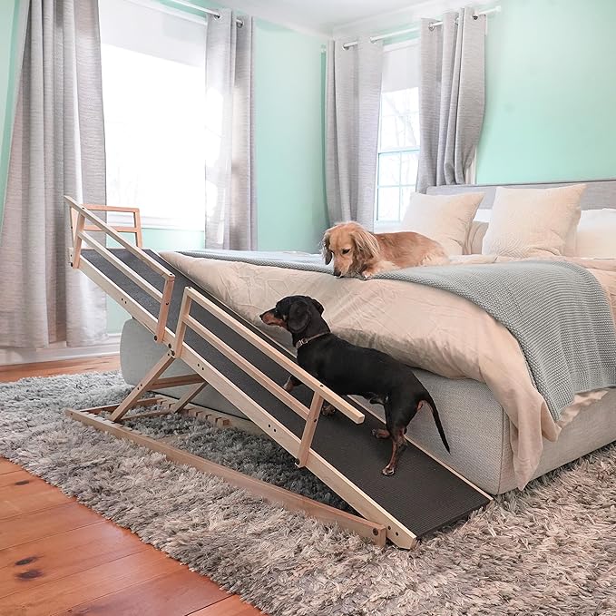 Dog Ramp for Bed, by DoggoRamps – Solid Hardwood Dog Ramp for High Beds (Adjustable up to 37" Tall) with Side Rails & Non-Slip Grip – Ramps for Small Dogs Like Dachshunds – 100% Made in North America