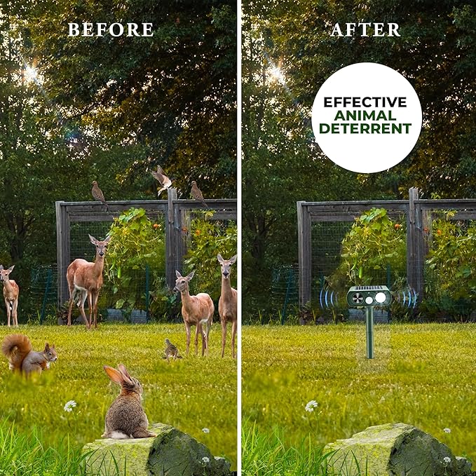 Solar Powered Ultrasonic Animal Repellent, Waterproof Motion Detection System, Yard Farm Garden Outdoor Deterrent Squirrel Rabbit Bird Dog Cat with LED Flashing Lights