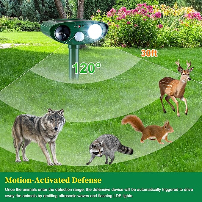 4 Pack Solar Animal Repeller for Raccoons, Deer & Squirrels - Ultrasonic & Strobe Light, Outdoor Deterrent for Cats, Dogs, Raccoons, Rabbits, Skunks, Foxes & More