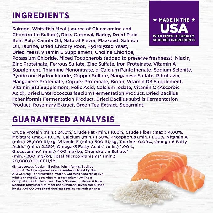 Wellness Complete Health Sensitive Skin and Stomach Dry Dog Food, Wholesome Grain Kibble, Natural, Chicken Free, Salmon and Rice Recipe, 38 lb Bag