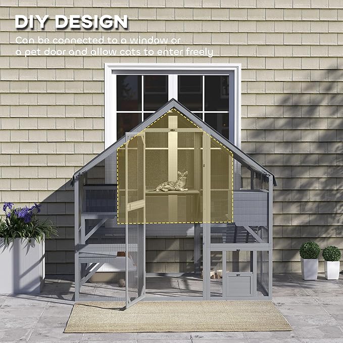 PawHut 73" L Large Catio Outdoor Cat Enclosure for Multiple Kittens, 28 sq.ft Wooden Cat House with Waterproof Cover, Walk in Kitty Cage Kennel with 2 Condos, 4 Platforms, Bridge, Doors, Gray