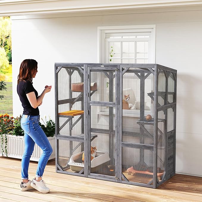 PawHut Catio Outdoor Cat Enclosure, Large Wooden Cat House with 6 Jumping Platforms, Weatherproof Roof, Outdoor Cat Cage Cat Shelter for 1-3 Cats, 59" x 28" x 60", Gray
