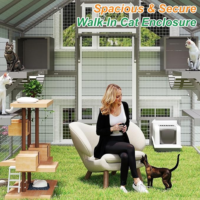 Extra Large Catio, Walk-in Outdoor Cat Enclosure with Weatherproof Cover, 8 Platforms & 2 Resting Boxes, Bridges & Window Connecting for Multiple Cats, Patio Backyard Pet Habitat