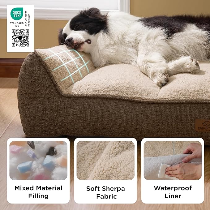 Bedsure SupportMax™ XL Orthopedic Dog Beds Large Sized Dog - Extra Thick Supportive Dogs Couch with Waterproof Washable Cover, Extra Large Comfort Pet Sofa with Soft Sherpa and Nonskid Bottom, Brown