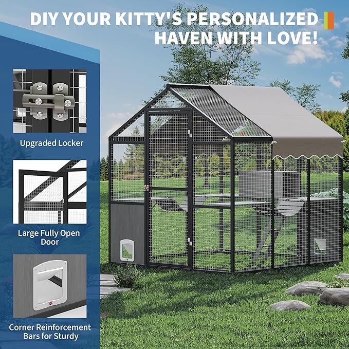Large Outdoor Cat Enclosure for Multiple Cats - Weatherproof Catio with UV Cover, Platform & Side Door