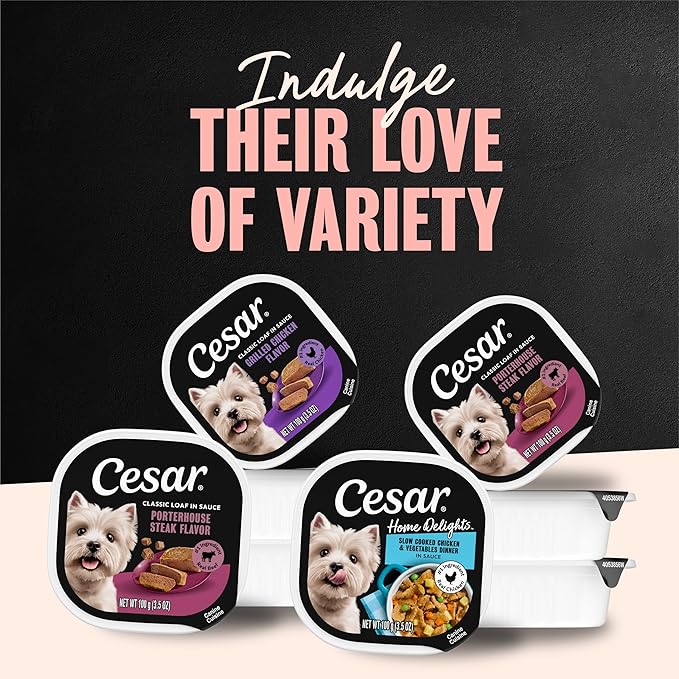 Cesar Home Delights Adult Wet Dog Food, Slow Cooked Chicken & Vegetables Dinner in Sauce and Beef Stew Variety Pack, 3.5 oz. Easy Peel Dog Food Tray, 12 Count (Pack of 2)
