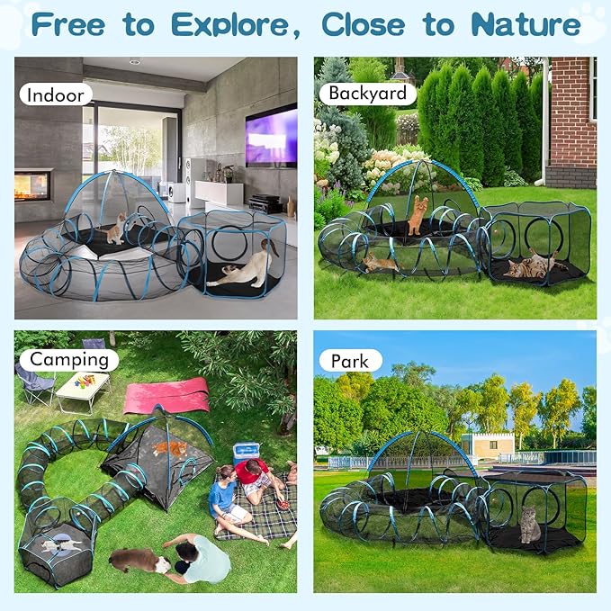 Outdoor Cat Enclosure, 4-in-1 Cat Tent Outdoor Pet Playpen with Tunnel, Portable Catio Play Pen for Outside and Indoor Cat Enclosure with Storage Bag for Kitty and Small Animals