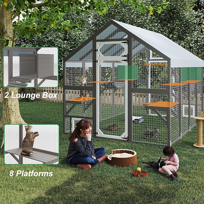 Extra Large Catio, Walk-in Outdoor Cat Enclosure with Weatherproof Cover, 8 Platforms & 2 Resting Boxes, Bridges & Window Connecting for Multiple Cats, Patio Backyard Pet Habitat