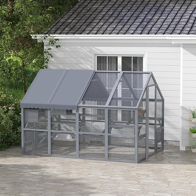 PawHut 110" L Large Catio Outdoor Cat Enclosure for Multiple Kittens, 56 sq.ft Wooden Cat House with Waterproof Cover, Walk in Kitty Cage Kennel with 2 Condos, 6 Platforms, Bridge, Doors, Gray