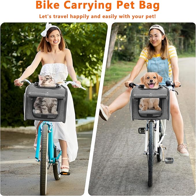 Dog Bike Basket, Expandable Soft Edge Pet Carrier Backpack, Foldable Dog Bicycle Carriers with 4 Mesh Windows, for Medium Cats&Dogs, Suitable for Cross Shaped, Shoulder and Car Seats (Grey)
